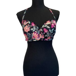 SHADE & Shore Black Floral Summer Lightly Lined Bikini Top Sz 34D
